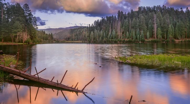 Blue sky and colorful clouds reflect off Christmas Tree Lake in Arizona's White Mountains. By Jack Dykinga