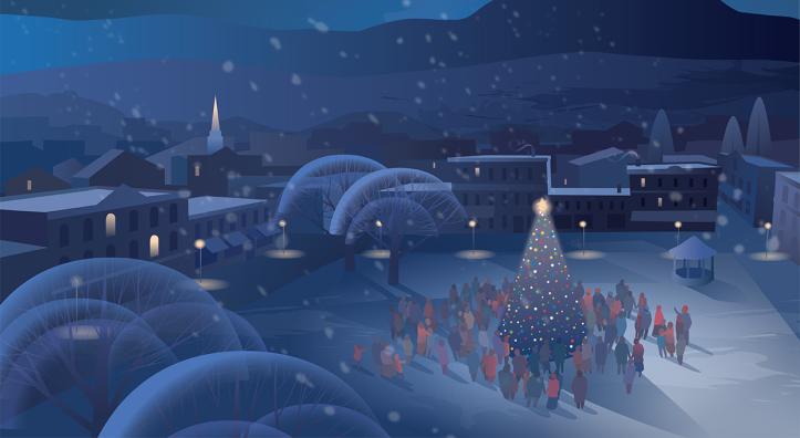 Illustration of small town setting at night with people gathered around a lit Christmas tree is by Kim Johnson.