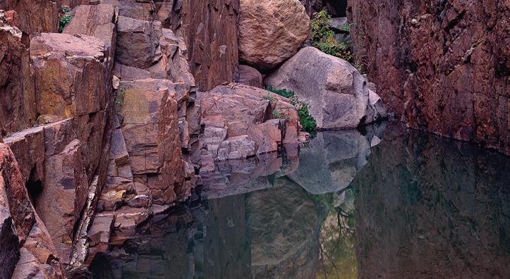 Placid water in Hell’s Half Acre Canyon reflects the sheer walls and box elders. By Jack Dykinga