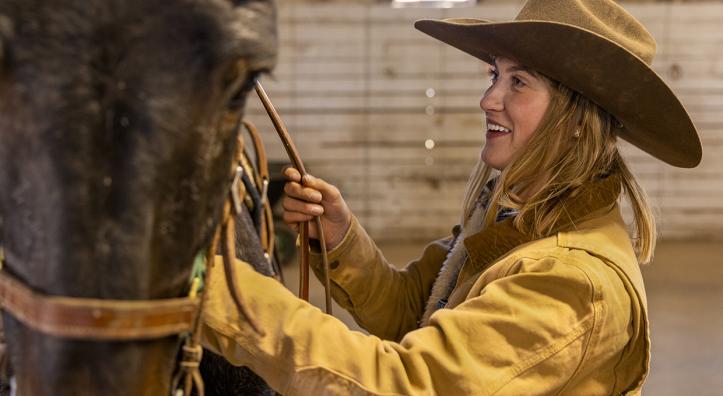 Grand Canyon wrangler Remy Kelbel prepares one of the mules at the South Rim for a morning ride. Kelbel is one of up to nine wranglers employed at the Canyon by Xanterra Travel Collection. By John Burcham