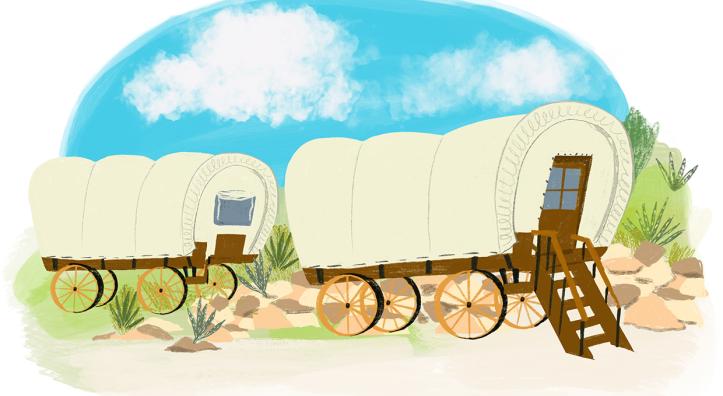 Covered wagon camping illustration by Patti Blau