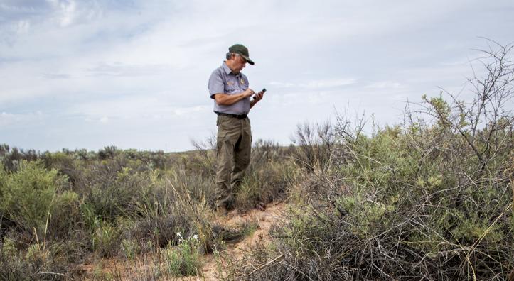 National Park Service Chief of Resources and Science Bill Parker logs artifacts that were strewn from vehicles on Historic Route 66 in Petrified Forest National Park during the 1950s. The paved road no longer exists. | Jeff Kida