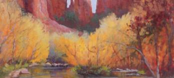 A painting of Cathedral Rock reflected in water