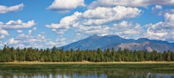 Marshall Lake’s calm water mirrors nearby ponderosa pines beneath the San Francisco Peaks. | Tom Bean
