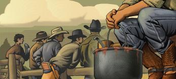 Illustration by Chris Gall of cowboys leaning over corral fence with pot of beans in the foreground..