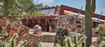 Exterior of a building at Taliesin Institute, constructed with local desert rocks. Photograph by Andrew Pielage.
