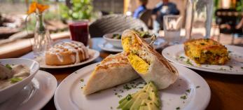 Breakfast at Peach Tree Café, featuring a breakfast burrito with avocado slices. Photo: Dawn Kish