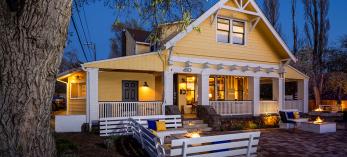 Night time exterior of the Bespoke Inn in Flasgataff. Photograph by John Burcham.