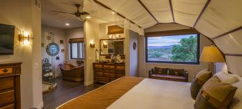 Interior of room at Origins B&B, showing bath, vanity and sleeping areas. By Laurence Parent