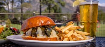 Burger, fries and beverage on patio with San Francisco Peaks in background. By John Burcham
