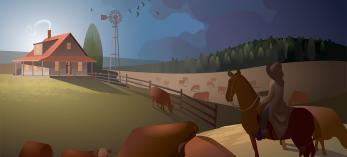 Illustration of mounted cowboy looking over herd toward ranch house as storm clouds roll in. By Kim Johnson