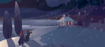 Two women make their way through a snowstorm at night to a warmly lit cabin. Illustration by Kim Johnson
