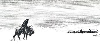 Black and white illustration by Ross Santee of lone horseback rider heading toward a distant ranch in a snowy, desolate landscape.