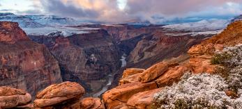 A dusting of snow covers the upper reaches of the Grand Canyon in a view from Toroweap Overlook, accessible via a long, rough dirt road on the North Rim. By Rich Rudow