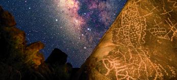 In this composite image, Hohokam rock art is illuminated against a Milky Way backdrop in Southern Arizona’s Picacho Mountains. The long swath of dots may symbolize the universe, along with other sky objects and serpents, which are thought to represent prayers being carried to the gods. | Frank Zullo