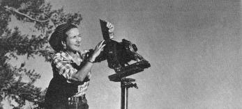 BW Photo of Esther Henderson with a 4x5 camera on the Mogollon Rim. By PHILIPPE HALSMAN  