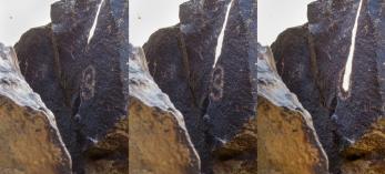 This sequence of photos shows how a sliver of sunlight interacts with a petroglyph at Puerco Pueblo, part of Petrified Forest National Park, during the summer solstice. There are numerous such solstice markers in the park. Photos courtesy National Park Service