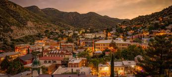 This westward-looking overview of Bisbee matches the warm glow of sunset.