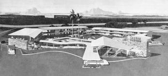 An illustration from the October 1954 issue of Arizona Highways shows the Sky Riders Hotel.