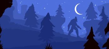Illustration in shades of blue by Adam McCauley shows a sasquatch walking at night through trees with a similar shape to its body.