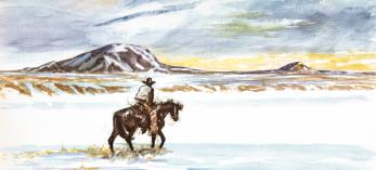 Watercolor illustration of lone cowboy riding through barren winter landscape is by Ross Santee.
