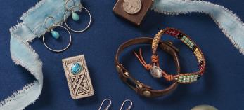 Southwestern themed gift items include earrings, a Buffalo Nickel lighter and a turquoise and silver money clip.