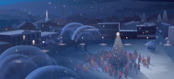 Illustration of small town setting at night with people gathered around a lit Christmas tree is by Kim Johnson.