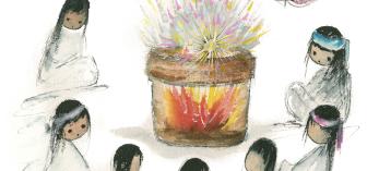 Painting of children sitting around a fire lit by an angel is by Ted DeGrazia.