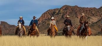 A row of horseback riders approaches through tall golden grass with a scenic mountain backdrop.