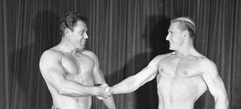 Bert Goodrich (left) greets another “Mr. America,” Alan Stephan, in Los Angeles in 1946. | UCLA CHARLES E. YOUNG RESEARCH LIBRARY