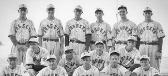 Bob James (back row, far right) appears in a team photo during his time with the Idaho Falls Russets, a New York Yankees farm team, in the early 1940s. | Courtesy of Alicia Hicks