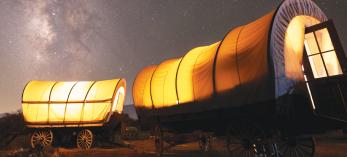 A warm glow illuminates the inside of covered wagons near Cottonwood under the Milky Way
