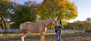 Joanne Cacciatore lovingly cradles the contented face of Chemakoh, a tan rescue horse, at Selah Carefarm, near Sedona. By John Burcham