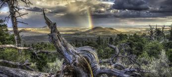 The volcanic landscape of Maroon Crater and the approaching evening light are punctuated by a bright rainbow. By Bernhard Michaelis