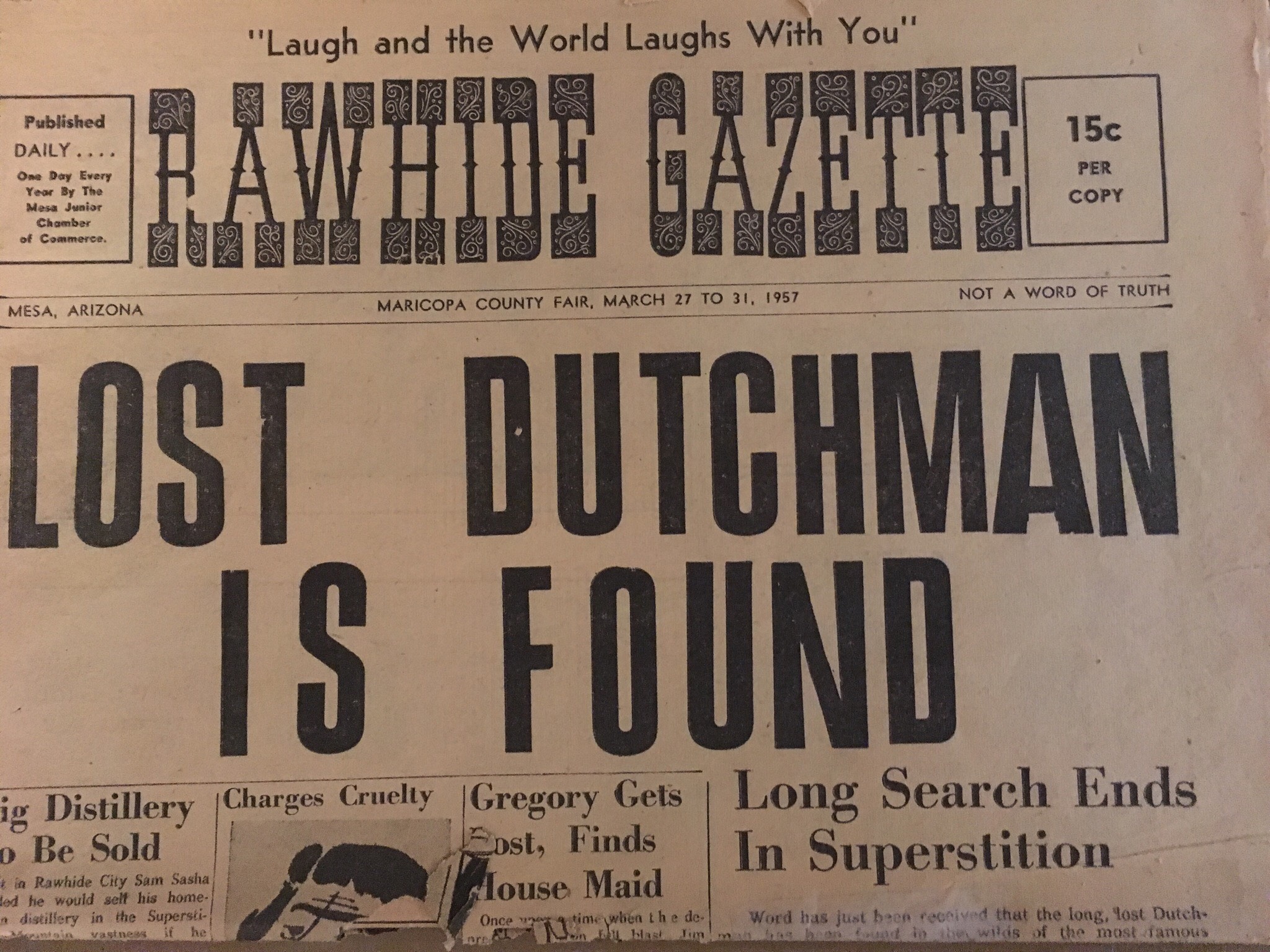 A satirical newspaper from 1957 touts the discovery of the Lost Dutchman gold. | Brent Ruffner