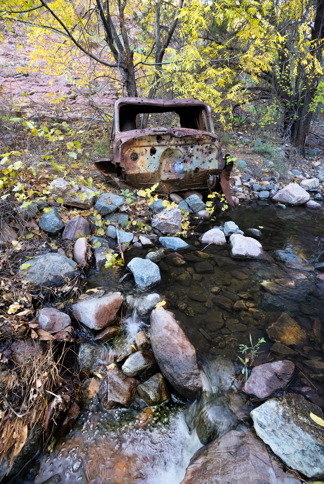 Photo by Ben Akers  |  The ruins of a rusted pickup truck lie near a small creek in the Tonto National Forest in Central Eastern Arizona. 