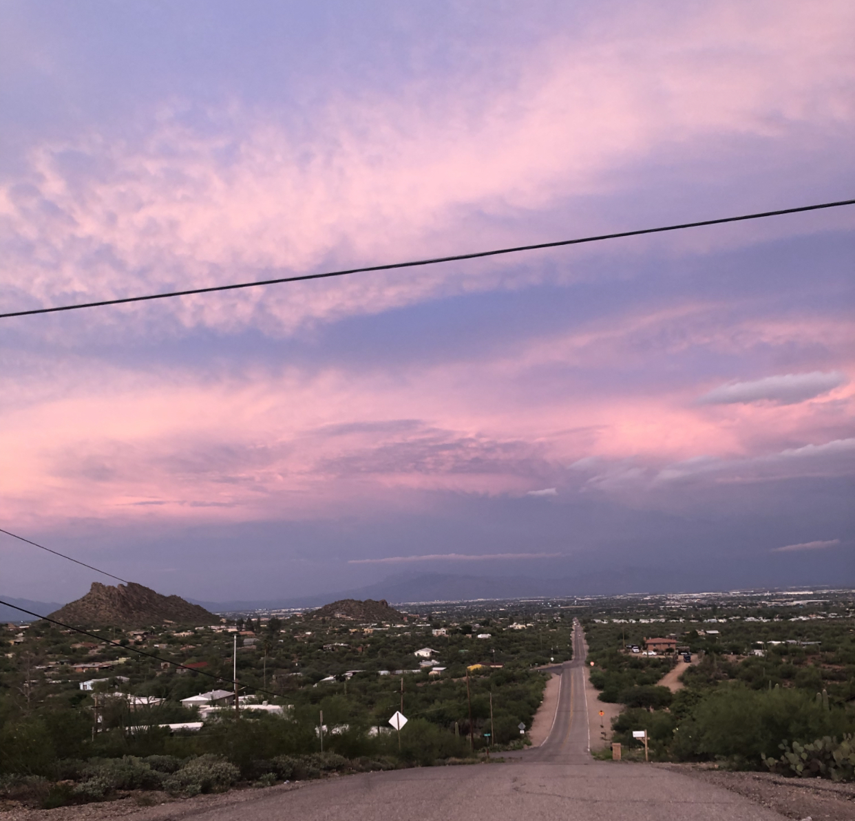 Photo by Sara Alvarez machado  |  In this picture I took a break from school and drove to the highest peak on the way to the desert museum. The sky reminded me of cotton candy and sweetness and down below are Gods creations admiring his painting everyday. 